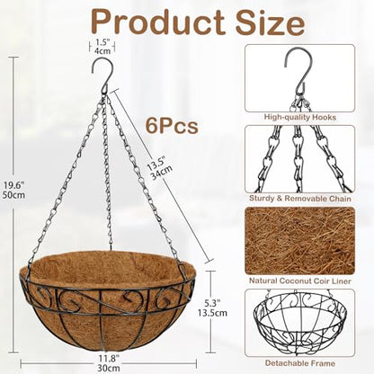 6 Pack 12 inch Metal Hanging Baskets for Plants, Round Metal Wire Hanging Basket Planter with Coco Fiber Liners Chain for Garden Home Porch Patio, Flower Border - size: 12" x 6 Pack, style: Flower Border