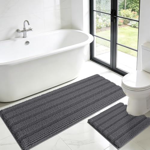 Striped Grey Toilet Bathroom Rug Mat Bath Mat Set 2 piece Ultra Soft, Non Slip Chenille Bath Rugs, Absorbent Plush Shaggy Bath Mats for Bathroom, Bedroom, Kitchen, Shower, Tub,Dark Gray, Charcoal - color: Dark Gray, size: U Shape 2'x1'8"+4'x1'8"