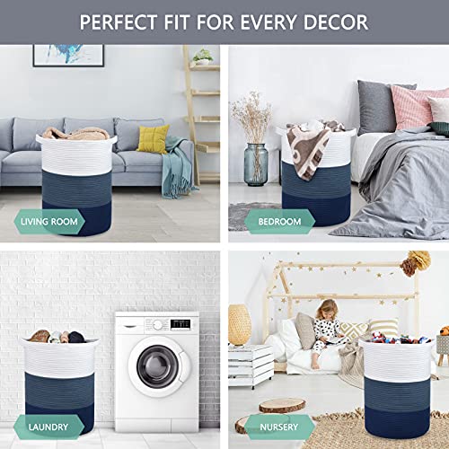 Cotton Rope Blanket Basket, 72L Tall Laundry Hamper, White & Blue | 16"x 22", Large Collapsible Woven Nursery Hamper with Sturdy Handles for Clothes Toys Towels, Bedroom Living Room Bathroom - color: White & Cadet Blue & Navy Blue, size: 72L (16"x22")