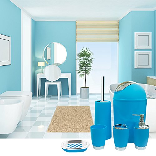 Bathroom Accessories Set, 6-Piece Plastic Gift Set, Toothbrush Holder, Toothbrush Cup, Soap Dispenser, Soap Dish, Toilet Brush Holder, Trash Can (Blue) - color: Blue