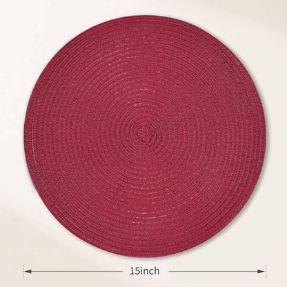 FunWheat Round Braided Placemats Set of 6 Place mats for Dining Tables Woven Heat Resistant Table Mats 15 inch (Wine) - color: Solid Wine, size: 6pcs