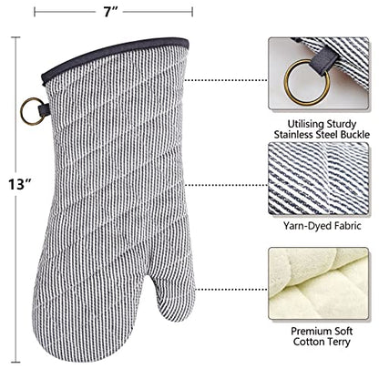 Yarn Dyed Oven Mitts 1 Pair, 100% Cotton Heat Resistant 470 Degree | Oven Gloves for Men Women Cooking Baking Barbecue BBQ Microwave Crafting Machine Washable Pot Holders Mittens (Grey 2) - color: Gray