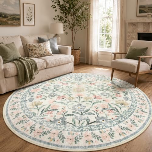 Wonnitar Round Washable Rug, Soft Floral Round Rugs 5ft Circle Carpets for Bedroom Ultra-Thin, Boho Beige Print Distressed Circular Carpet for Living Room Dorm Bedside - color: Beige, size: 5' (Round)