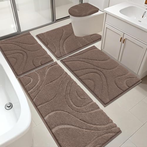 HEBE Bathroom Rugs Sets 5 Piece, Non Slip Washable Absorbent Bath Mat Set | Super Soft Plush Microfiber Bathroom Mats with Runner Set, Solid Bathmat with U-Shaped Toilet Rug Cover Set for Tub, Shower - color: Dark Brown, size: 18"x26"+20"x32"+20"x48"+U20"