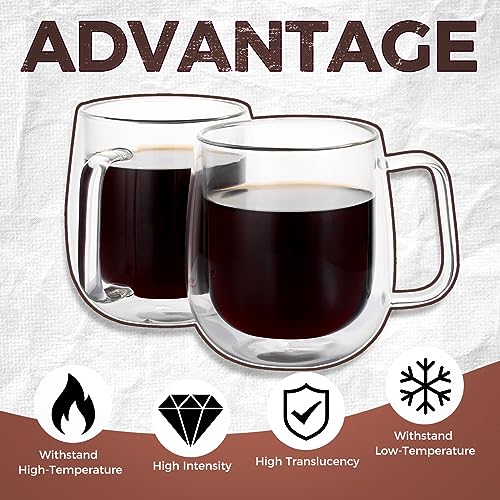 2 Pack Double Wall Insulated Coffee Mugs 8 oz | Clear glass coffee mugs espresso with handle Perfect for Americano, Latte, Cappuccino, Espresso, Beverage and Tea