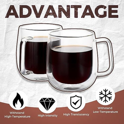 2 Pack Double Wall Insulated Coffee Mugs 8 oz | Clear glass coffee mugs espresso with handle Perfect for Americano, Latte, Cappuccino, Espresso, Beverage and Tea