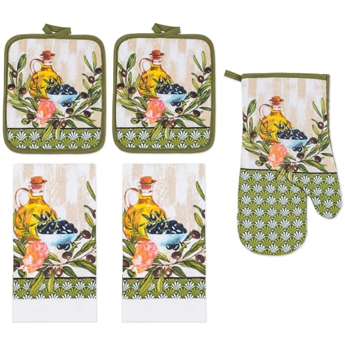 5 Piece Olive Oil & Branch Printed Kitchen Linen Set, 2 Cotton Towels,2 Potholders,1 Oven Mitt with Hanging Loop, 100% Cotton Material on Front & Polyester Backing, Perfect Kitchen Accessory - color: Olive Oil & Branch
