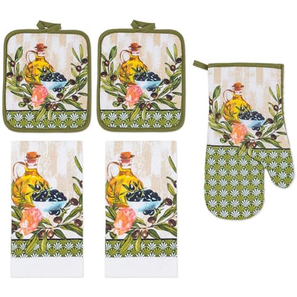 5 Piece Olive Oil & Branch Printed Kitchen Linen Set, 2 Cotton Towels,2 Potholders,1 Oven Mitt with Hanging Loop, 100% Cotton Material on Front & Polyester Backing, Perfect Kitchen Accessory - color: Olive Oil & Branch