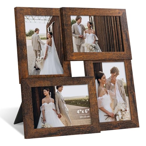 4x6 Collage Picture Frame, Wooden Frame with Real Glass, 4 Opening | Multi Picture Frame with Stand for Wall or Tabletop Display, Gallery Frame for Home Décor, Family Photo Display, Rustic Brown - color: Rustic Brown