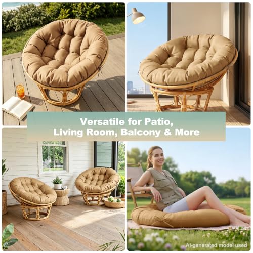 ARTPLAN Round Papasan Chair Cushion Tufted Swing Seat Pad with Ties | 47"x47"x4"tufted round chair cushion, polyester cover&fluffy fiber fill, fixed ties fit papasan, swing&wicker indoor chairs - color: Light Brown