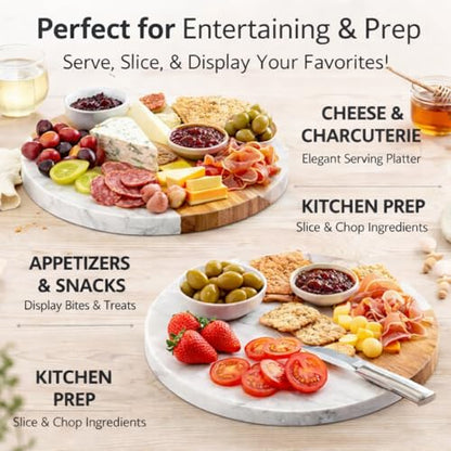 White Marble Board, 10 Inches | Cheese Board, Acacia Wooden Serving Tray, For Charcuterie, Cheese, Meats, Fruit, Crackers, Cutting Board, Round Slab - color: White, size: 10"L x 10"W
