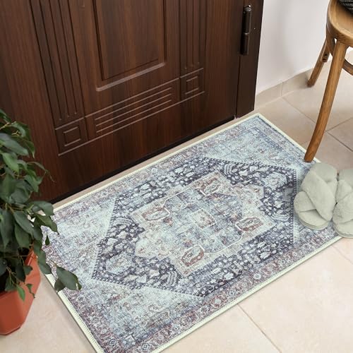 GLN Rugs Bohemian - Taxila - Machine Washable Area Rug, Boho Washable, Non Slip, Low Pile Chenille Area Rug, Entryway, Hallway, Kitchen Rug - Easy Clean (2'x3' Brown and Gray) - color: Brown/Gray/Cream, size: 2' x 3' (Rectangular)