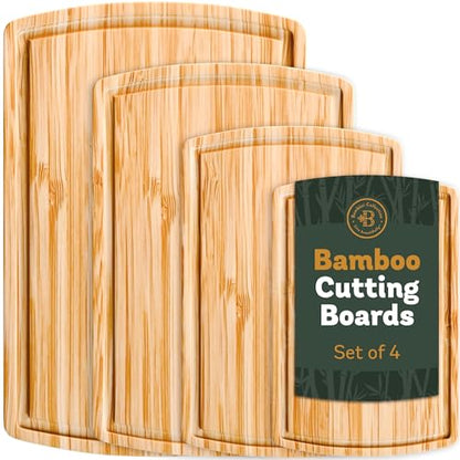Bamboo Cutting Boards for Kitchen, Extra Large Wooden Chopping Board Set | Deep Juice Groove, Knife-Friendly, Side Handles, Reversible Butcher Block, for Serving, Meat, Veggies, Cheese, 4 Sizes - size: 4-Piece