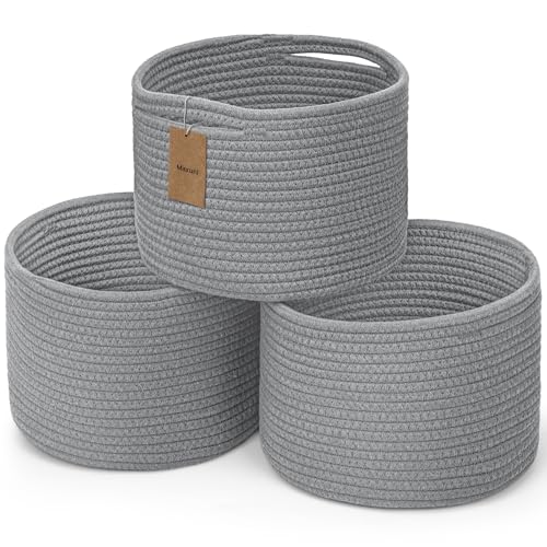 3 Pack Small Rope Storage Baskets, 9.82×9.82×7.1", Grey | Cotton Basket for Gifts Empty, Cute Round Woven Basket, Decorative Shelf Basket Organizer, Organizing Basket for Shelves - color: Grey-3PCS