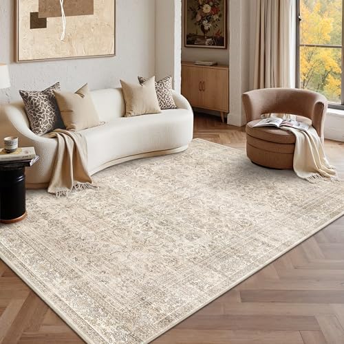Schweek 5x7 Washable Area Rug Vintage Neutral Beige Rugs for Living Room | Non Slip Low Pile Carpet, Floral Throw Rugs for Bedroom, Dining Room, Home Office, Nursery Soft Distressed Retro Indoor Mat - color: Beige, size: 5' x 7' (Rectangular)