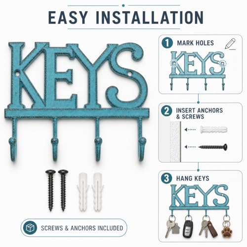 Comfify Rustic Blue Cast Iron Key Holder for Wall – Keys Sign with 4 Hooks | Rustic blue antique finish; mounting hardware included; entryway, hallway or door; 6"H x 8"L; holds 8 keychains - color: Rustic Blue