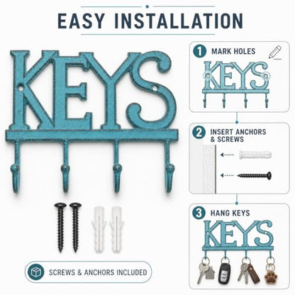 Comfify Rustic Blue Cast Iron Key Holder for Wall – Keys Sign with 4 Hooks | Rustic blue antique finish; mounting hardware included; entryway, hallway or door; 6"H x 8"L; holds 8 keychains - color: Rustic Blue