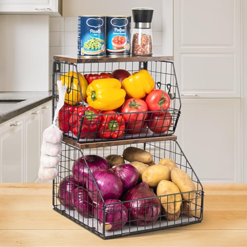 Mefirt Fruit Basket, Stackable Wall Mounted Fruit Baskets, Potato Baskets Onion Storage for Kitchen, Hanging Wire Basket with Wood Lid, 2-Tier Vegetable Organizer Kitchen Countertop Organization | Hanging Potato Basket Wire Basket with Wood Lid, 2-Tier Ve