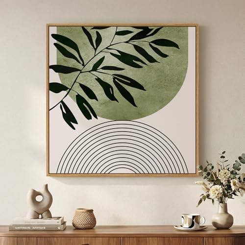 Framed Modern Sage Green Boho Botanical Square Wall Art Decor, 24x24 Inch | Boho, Canvas prints, Green, Botanical pictures, Geometric line, Square Artwork, Living room, Bedroom, Bathroom wall decor - color: Green-D, size: 24"L x 24"W