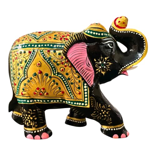 DIVINE CRAFT - Handcrafted Wooden Elephant Figurine – Green Traditional Design | Elephant Decor for Home & Office | Lucky Elephant Gifts for Women | Elephant Statue for Living Room Decor ( 6 Inches) - size: 6 Inches