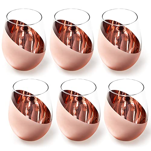 MyGift Stemless Wine Glasses Set of 6 - Copper Metallic Bottom Angled Design, Modern Barware for Red & White Wine, Dishwasher Safe Entertaining Glasses - color: Copper-6