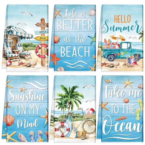 Tudomro 6 Pcs Beach Kitchen Towels Summer Dish Truck Shell Hand Tea Towel | Seasonal Kitchen Towels, Absorbent Fabric, Soft Kitchen Fingertip Farmhouse Bathroom Tea Towels, Housewarming Gift for Home - color: Beach