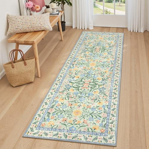 Lahome Washable Runner Rug 2x6, Boho Cottage Core Bathroom Runner Rug | Soft Thin Indoor Throw Carpet for Entryway Bedroom Hallway Bath Laundry Room, Green/Multi - color: Tea Green, size: 2' x 6' (Runner)