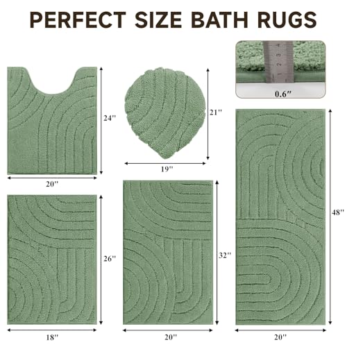Pauwer Bathroom Rugs Sets 5 Piece, Absorbent Non Slip Bath Mat Set, Green | Machine Washable, Microfiber Plush, Quick Dry Runner, U Shaped Contour Toilet Rugs, Shower Mats and Toilet Lid Cover - color: Green