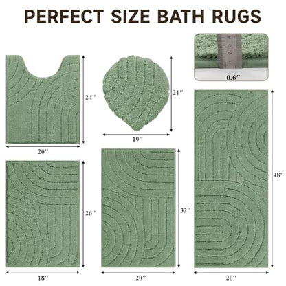 Pauwer Bathroom Rugs Sets 5 Piece, Absorbent Non Slip Bath Mat Set, Green | Machine Washable, Microfiber Plush, Quick Dry Runner, U Shaped Contour Toilet Rugs, Shower Mats and Toilet Lid Cover - color: Green