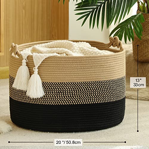 KAKAMAY Large Blanket Basket (20"x13"),Woven Rope Baskets for storage Baby Laundry Hamper, Cotton Rope Blanket Basket for Living Room, Laundry, Nursery, Pillows,Baby Toy chest (Jute/Black) - color: Black