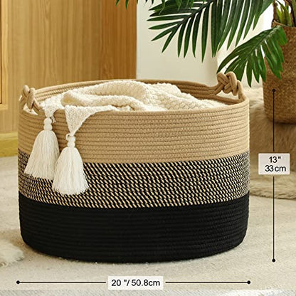 KAKAMAY Large Blanket Basket (20"x13"),Woven Rope Baskets for storage Baby Laundry Hamper, Cotton Rope Blanket Basket for Living Room, Laundry, Nursery, Pillows,Baby Toy chest (Jute/Black) - color: Black