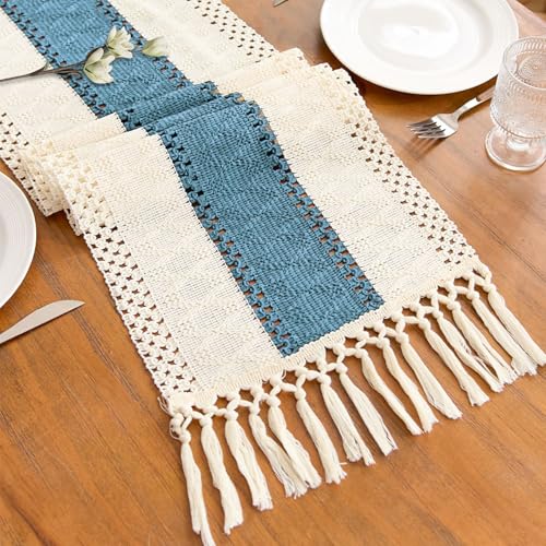 Blue Boho Table Runner for Home Decor with Tassels 90 Inches Farmhouse Rustic Table Runner Macrame Burlap Table Decoration for Living Room Bridal Shower(12x90 Inches, Fringe Included) - color: Blue, size: 12"x90"