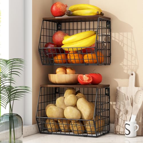 Mefirt 2pcs Fruit Basket Kitchen Storage Basket with Wood Lid | Stackable Wall Fruit Basket for Kitchen, Countertop Organizer for Snack, Fruit and Veggie Storage, 11.8 x 7.9 x 8.5 Inch - color: Brown, size: Large x2