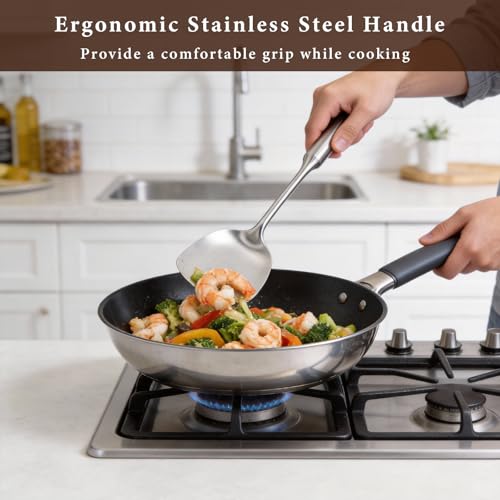 4-Piece Cooking Utensils Set, Stainless Steel Kitchen Utensils, Metal Kitchen Tools Include Solid & Slotted Turner Wok Spatula, Serving Spoon, Ergonomic Handle, Easy to Clean