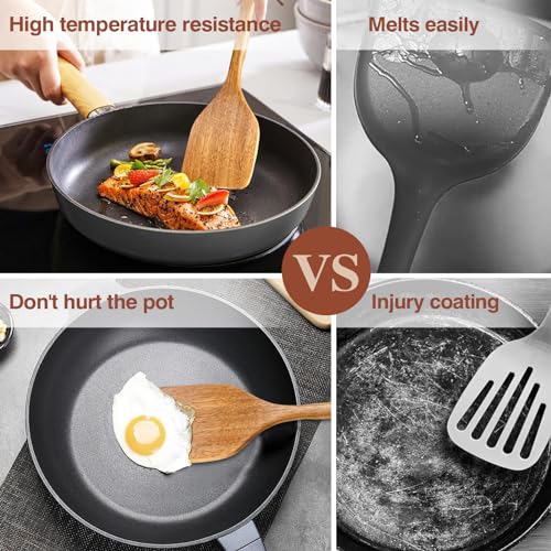 Wooden Cooking Utensils, 6 Pieces Natural Acacia Wooden Spoons For Cooking with Non Stick & Heat Resistant Design, Wooden Kitchen Utensil Set with Hanging Hole for Stirring, Mixing, Cooking - color: Natural
