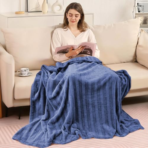 3-Pack Fleece Throw Blankets 50x60, 300GSM Ultra Soft Flannel, Siro-Spun Yarn Dual-Tone Textured Design, Lightweight Warm Couch Sofa Bed Blankets, No Shedding All Season (Navy Blue) - color: Siro Yarn Navy Blue