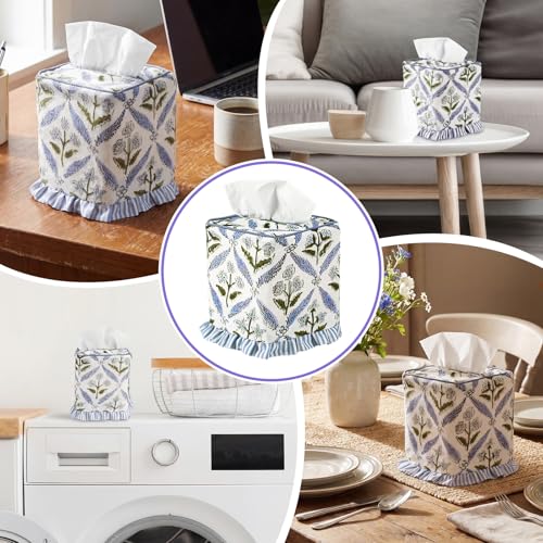 Blue Striped Ruffles Fabric Tissue Box Cover - Floral Print Tissue Box & Decorative Square Napkin Holder Handmade Cotton for Home Bedroom Vanity Countertop Night Stands Office - style: Striped Ruffles