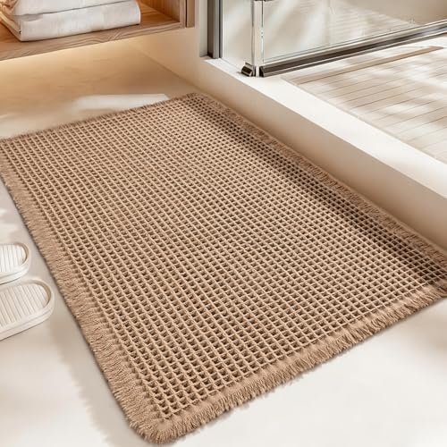 Luxury Waffle Bath Mat, Super Absorbent Non Slip Bathroom Rugs, Boho Ultra Soft Comfort Machine Washable Quick Dry Floor Mats with Tassels (Brown, 17" x 24") - color: Brown, size: 17" X 24"