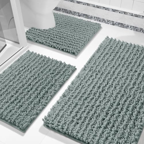 Yimobra Bathroom Rug Set 3 Piece - Super Absorbent Quick Dry Chenille Bath Mats & Toilet Rug, Non Slip Machine Washable, Extra Thick Shaggy Floor Mat for Shower Tub Sink, Grey Green - color: Grey Green, size: 24"x20" + 30"x20"+ 44"x24"