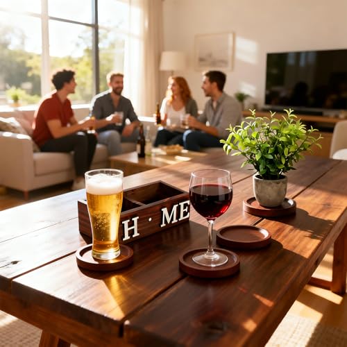 Wood Coasters Set of 4 for Drinks with Holder for Table Decor | Interchangeable Home Sign Green Plants Potted Wooden Coaster Set for Farmhouse Office Bar Drink Coffee Coasters Decor
