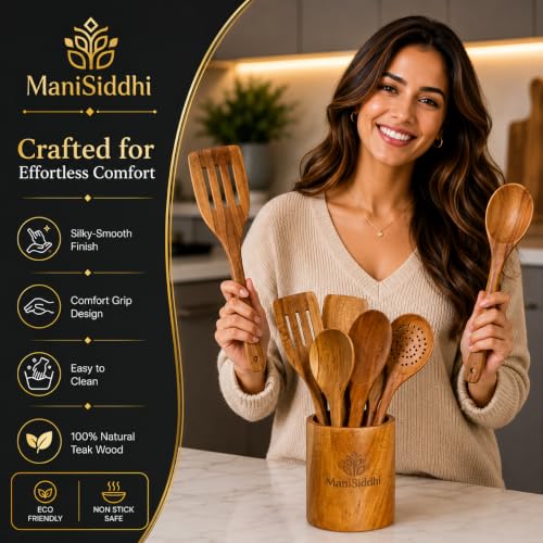 Teak Wood Cooking Utensil Set 8 Piece, Home essentials cookware set,Kitchen Utensils with Holder Wooden Spoons & Spatula for Cooking Nonstick Cookware,Safe, Non Toxic, Handcrafted