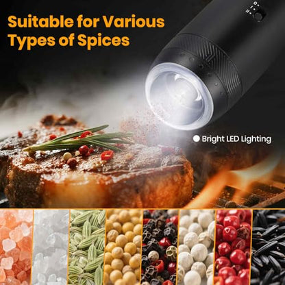 Gravity Electric Salt Grinder Set w/Variable Speed,Black 2 Pack | with Variable Grinding Speed, External Adjustable Coarseness, One Hand Operation, Upgraded Larger Capacity,White LED Light - color: Black