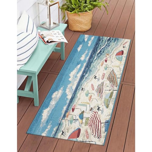 Liora Manne ESENCIA Indoor/Outdoor Power Loomed Latex Back Non Slip Mat - Transitional Whimsical Dog Colorful (Dog Beach Ocean) (1'11" x 4'11") - color: Dog Beach Ocean, size: 1'11" x 4'11" (Rectangular)