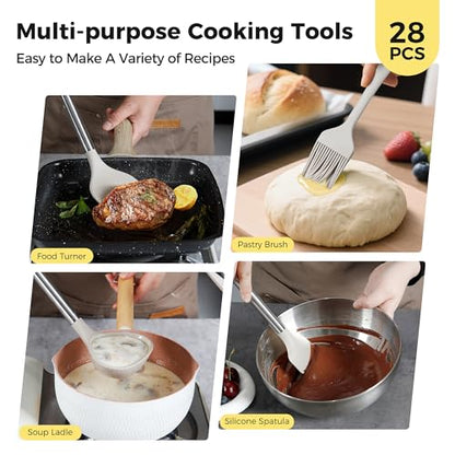 Hvygss 28 Pcs Silicone Cooking Utensils Set with Stainless Steel Handle, 446℉ Heat-Resistant Kitchen Utensils Set with Holder, Dishwasher Washable Silicone Spatula for Non-stick Cookware (Khaki)