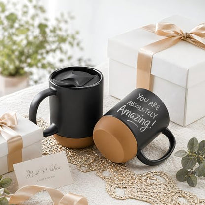 DOWAN Coffee Mugs, 15 oz Upgraded Coffee Mug with Silicone Bottom, Large Ceramic Coffee Mug set of 2 with Spill Proof Lid for Mom Dad, Big Mug for Latte Tea, Matte Grey