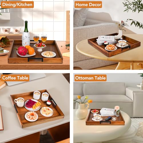 Large Square Ottoman Tray for Living Room and Coffee Table, Decorative Acacia Wood Serving Tray with Metal Handles for Breakfast in Bed, Dinner Food Kitchen TV (Natural, 20" x 20" x 2") - size: 20" x 20" x 2"