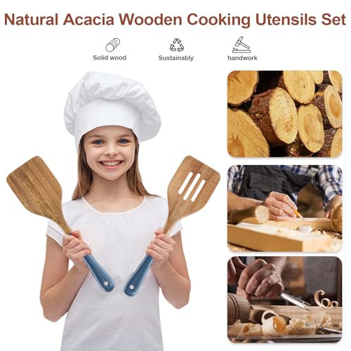 Wooden Spoons For Cooking, 6 PCS Natural Acacia Wooden Cooking Utensils, Non-Stick Wood Kitchen Utensil Set for Kitchen Essentials, Smooth Grip Wood Cooking Spoons with Hanging Hole, Blue - color: Blue
