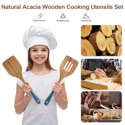 Wooden Spoons For Cooking, 6 PCS Natural Acacia Wooden Cooking Utensils, Non-Stick Wood Kitchen Utensil Set for Kitchen Essentials, Smooth Grip Wood Cooking Spoons with Hanging Hole, Blue - color: Blue