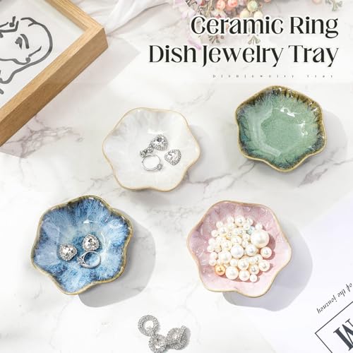 4 Pack Small Jewelry Dish Ceramic Trinket Holder Dish Tray for Rings Earrings Necklaces Bracelets 4.3 x 3.9 Inch Key Bowl Women's Birthday Mother's Day Wedding Gift - color: Green, White, Crystal Green, Pink, style: Ceramic