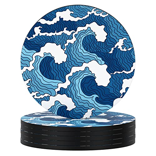 Coasters for Drinks, Set of 6 Absorbent Rubber Drink Coasters for Cup | Set of 6 Cute Absorbent Rubber Drink Coasters for Cup with Non Slip Backing, Kitchen Home Decor Housewarming Gift, Round 4 in - color: Japanese Wave02